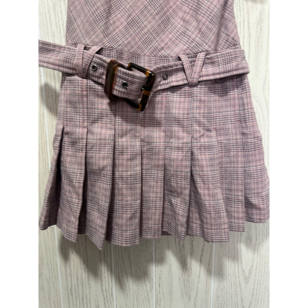 Free People Mauve Plaid Puff Sleeve Open Back Pleated Mini Dress with Belt XS - Picture 8 of 11
